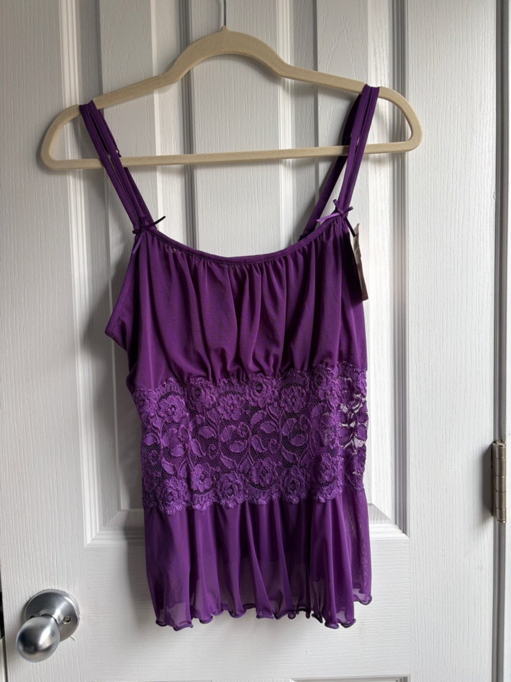 Cabernet Purple Lace Babydoll Camisole Top Sheer Mesh Lingerie Size XL